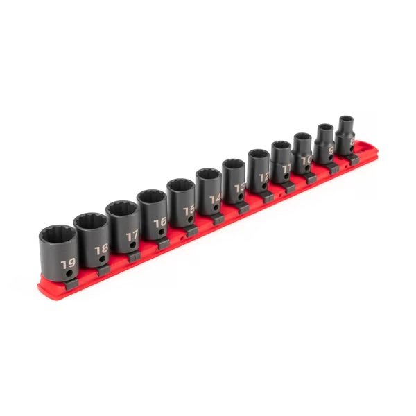 3/8 Inch Drive 12-Point Impact Socket Set with Rail, 12-Piece (8-19 mm), Tekton, Mfr#: SID91110